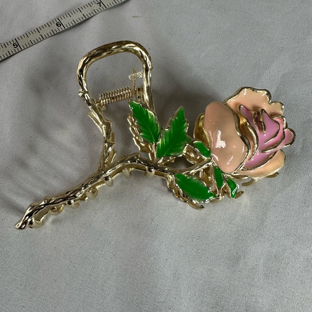 Peach pink enameled rose hair clip